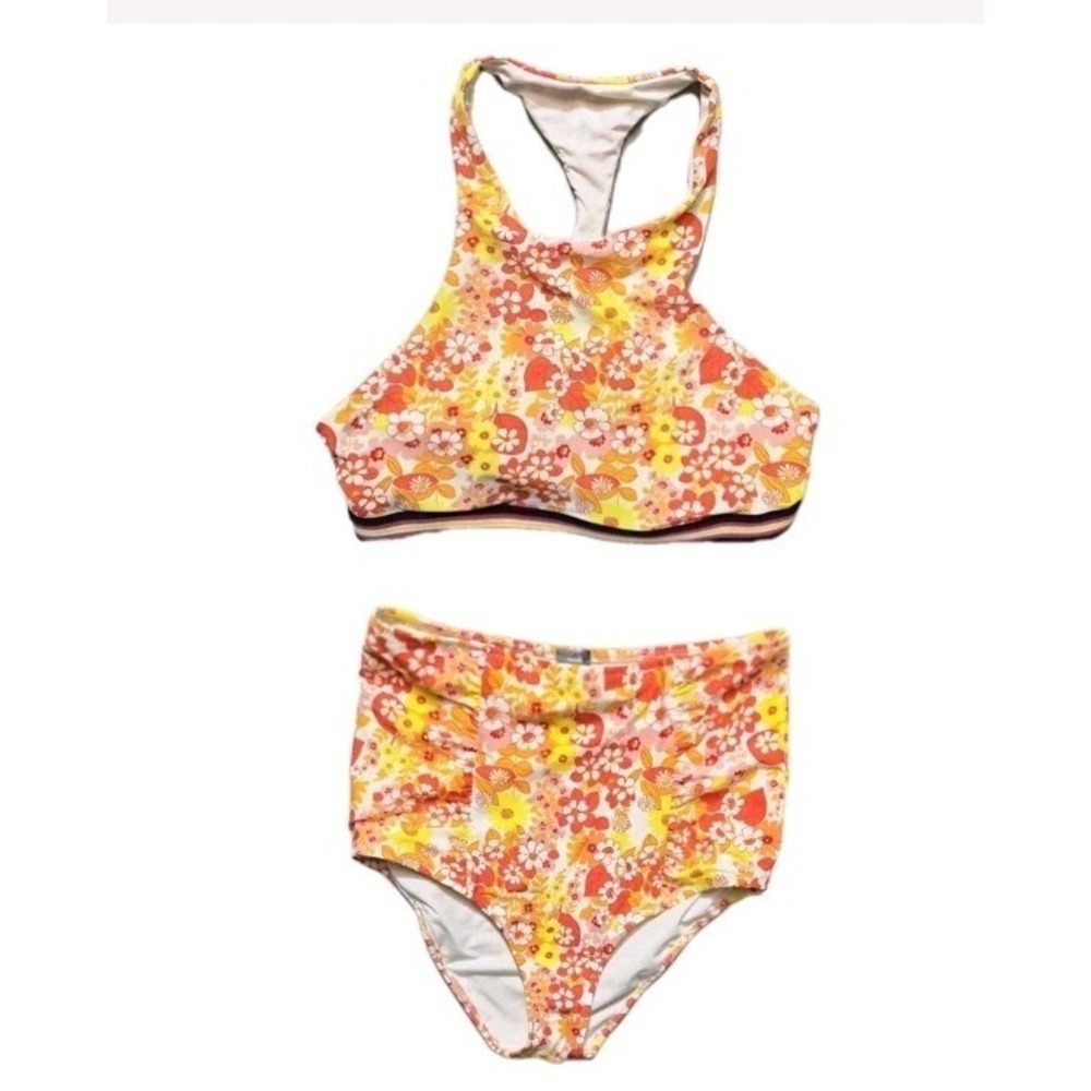 aerie swim Orange Floral Racer Back Bikini Top With Hi-rise Bikini Bottoms L/M